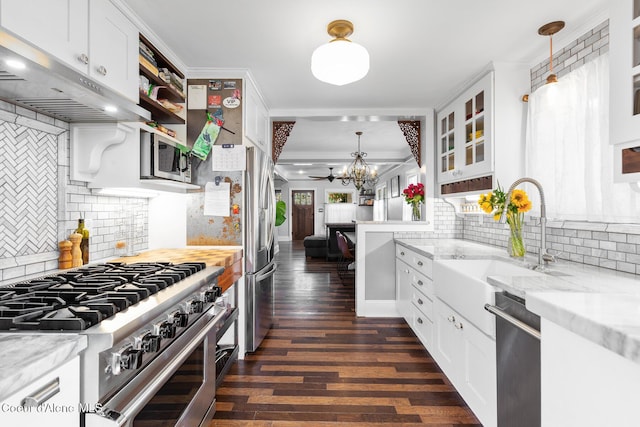 kitchen with appliances with stainless steel finishes, tasteful backsplash, dark wood-style floors, a chandelier, and under cabinet range hood