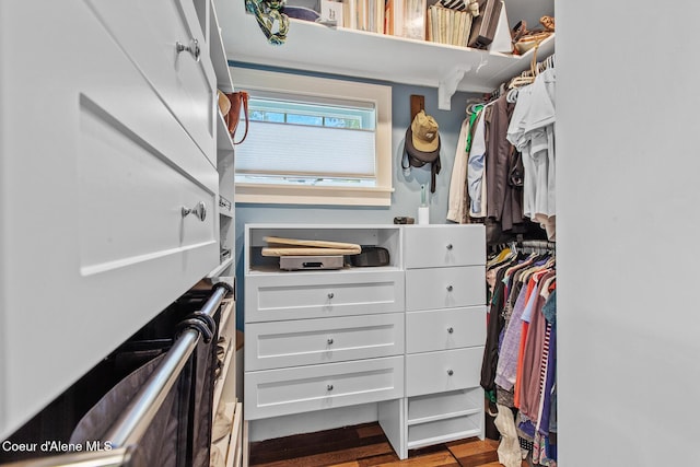 walk in closet with wood finished floors