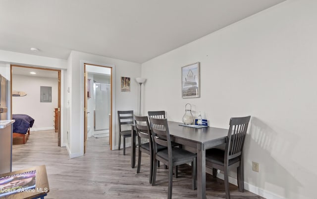 720 N 3rd Ave Unit 12, Sandpoint, ID 83864 - dining space with baseboards, wood finished floors, electric panel, and recessed lighting