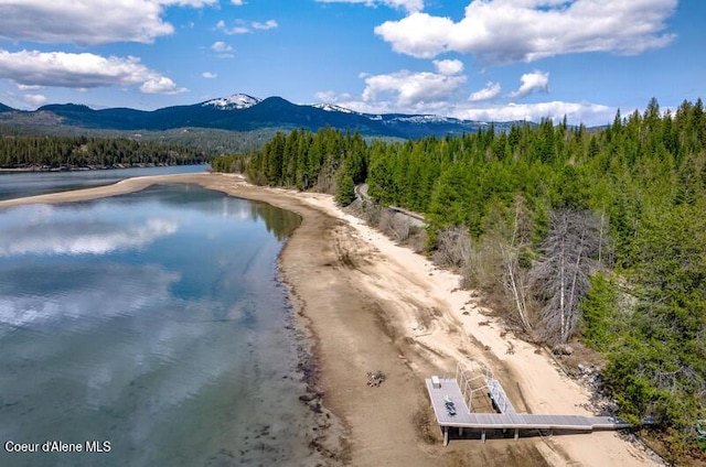 drone / aerial view with a view of trees and a water and mountain view