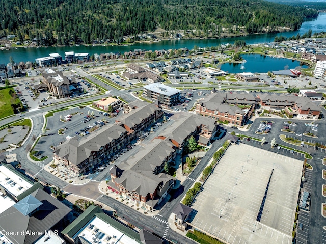 bird's eye view with a water view and a view of trees