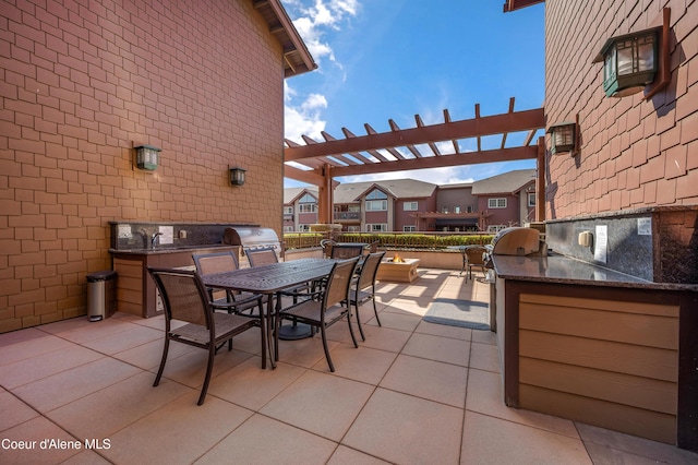 view of patio with area for grilling, a pergola, a residential view, and outdoor dining area