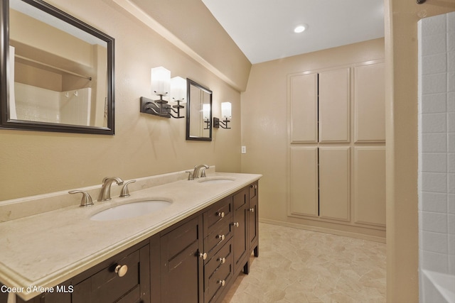 956 N Armstrong Dr, Coeur Dalene, ID 83814 - full bath with double vanity, a shower, a tub, recessed lighting, and tile patterned floors