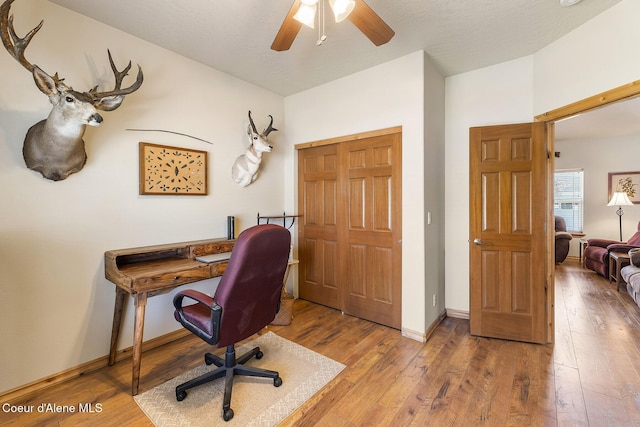 office area featuring a ceiling fan and hardwood / wood-style floors