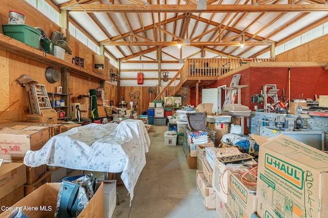 garage with wood walls