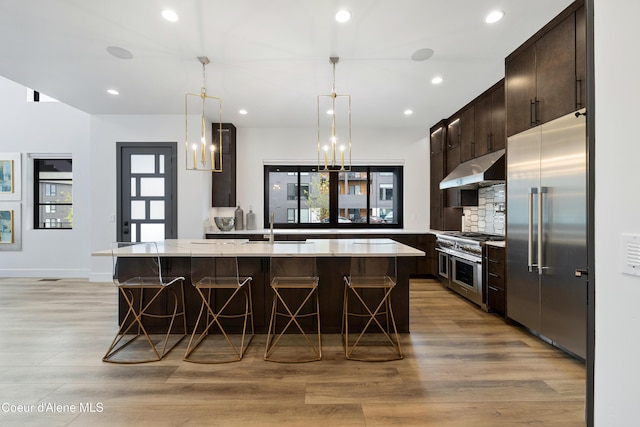 3132 N Atlas Rd, Coeur Dalene, ID 83814 - kitchen with high end appliances, a sink, light wood-style floors, dark brown cabinetry, and tasteful backsplash