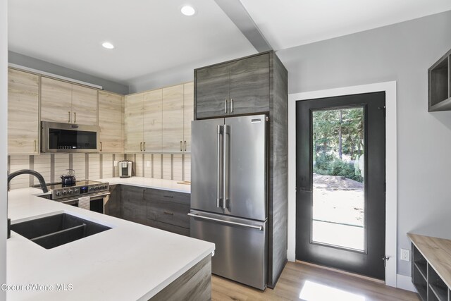 70 Wedge Ct, Priest Lake, ID 83856 - kitchen with tasteful backsplash, high quality appliances, a sink, and light countertops