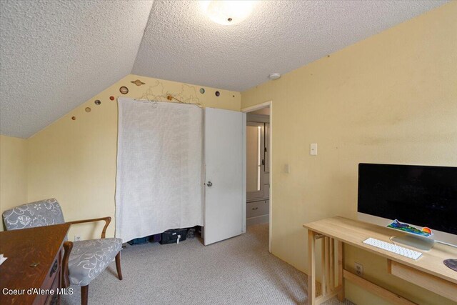 917 E Young Ave, Coeur Dalene, ID 83814 - office featuring a textured ceiling, light carpet, and lofted ceiling