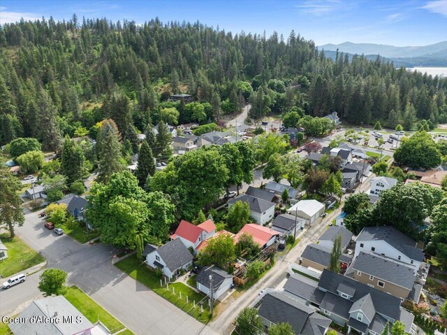 917 E Young Ave, Coeur Dalene, ID 83814 - aerial overview of property's location with nearby suburban area, a forest, and a mountain backdrop