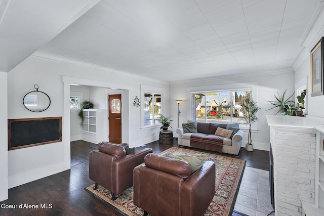 living room with baseboards, wood finished floors, and crown molding