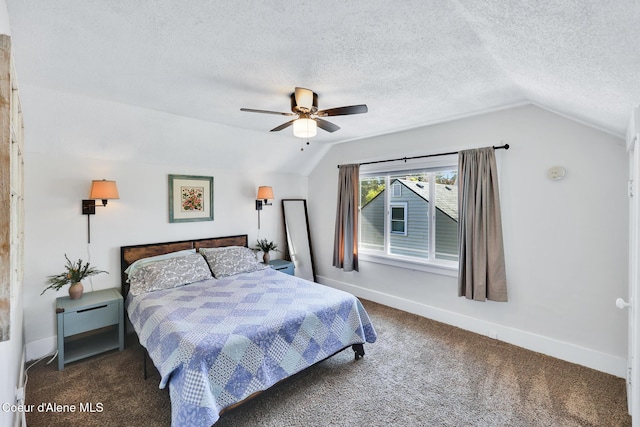 bedroom featuring vaulted ceiling, baseboards, carpet, and a textured ceiling