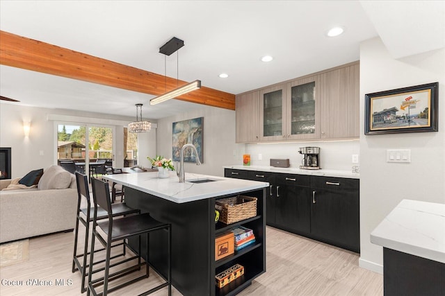 kitchen featuring open shelves, light wood-style floors, open floor plan, dark cabinets, and a sink