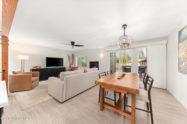 dining room with baseboards, a lit fireplace, ceiling fan with notable chandelier, and light wood-type flooring