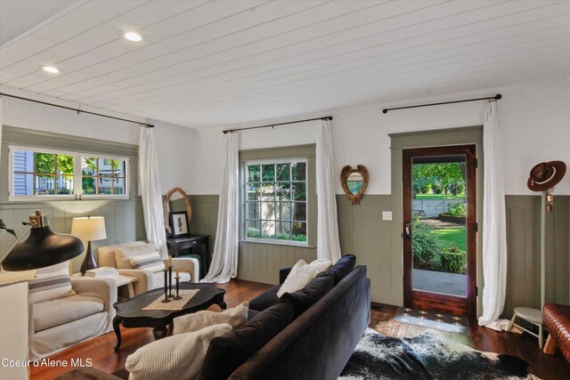 419 N Park Dr, Coeur Dalene, ID 83814 - living area with wainscoting, recessed lighting, wood finished floors, wood walls, and wooden ceiling