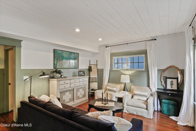 419 N Park Dr, Coeur Dalene, ID 83814 - living area featuring wood ceiling, a wainscoted wall, dark wood-style floors, and recessed lighting