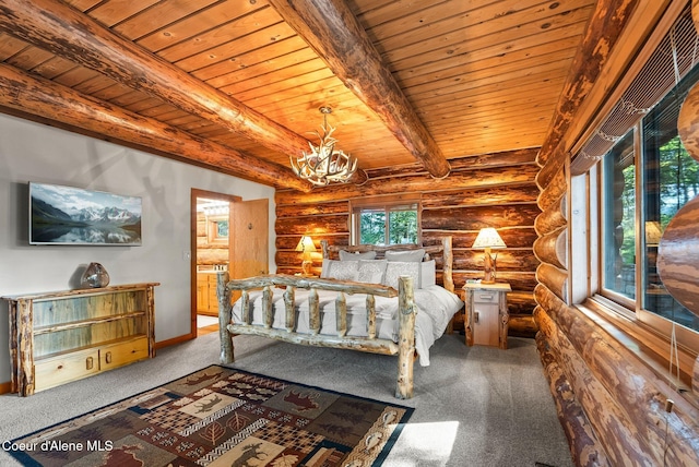 carpeted bedroom with an inviting chandelier, log walls, beam ceiling, and wooden ceiling