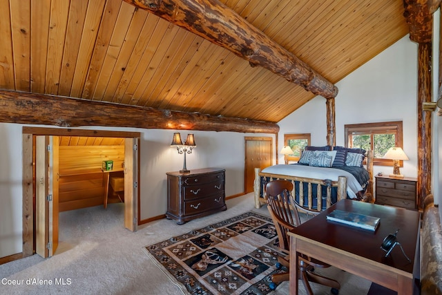carpeted bedroom featuring baseboards, lofted ceiling with beams, and wooden ceiling