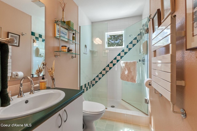 255 S Theresa Terrace Dr, Post Falls, ID 83854 - bathroom featuring vanity, tile patterned flooring, visible vents, toilet, and a stall shower