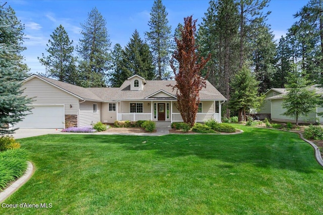 cape cod home with a porch, a garage, a front lawn, and concrete driveway