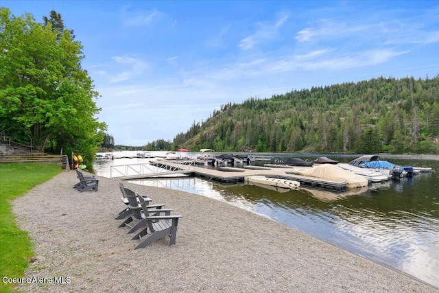 dock area with a forest view and a water view
