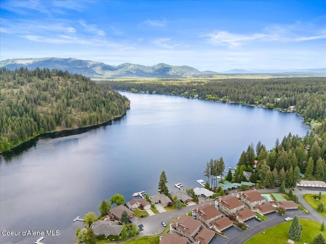 bird's eye view of a heavily wooded area and a water and mountain view