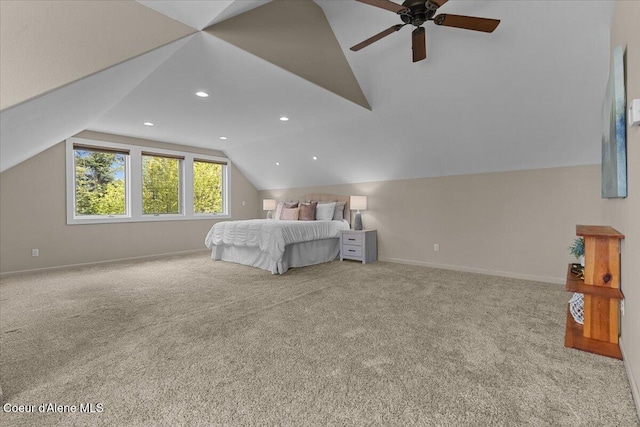 3677 S Capeview Ct, Coeur Dalene, ID 83814 - carpeted bedroom featuring baseboards, a ceiling fan, recessed lighting, and lofted ceiling