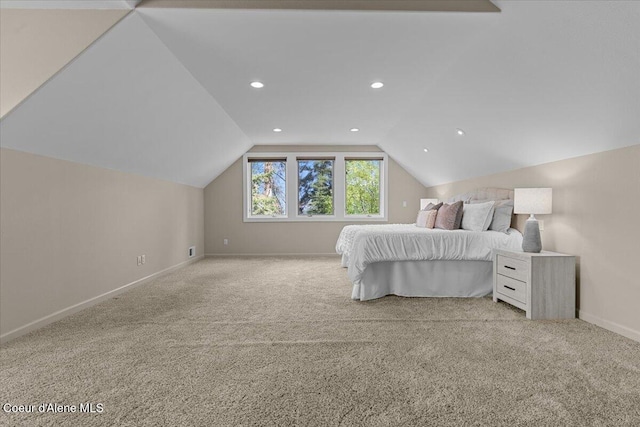 3677 S Capeview Ct, Coeur Dalene, ID 83814 - bedroom with recessed lighting, baseboards, light colored carpet, and lofted ceiling