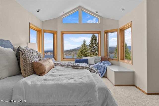 3677 S Capeview Ct, Coeur Dalene, ID 83814 - carpeted bedroom featuring baseboards, vaulted ceiling, and multiple windows