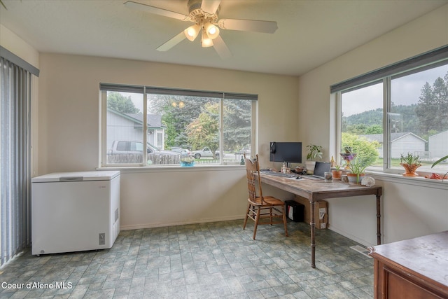3310 N 17th St, Coeur Dalene, ID 83815 - home office with baseboards, stone finish floors, and a ceiling fan