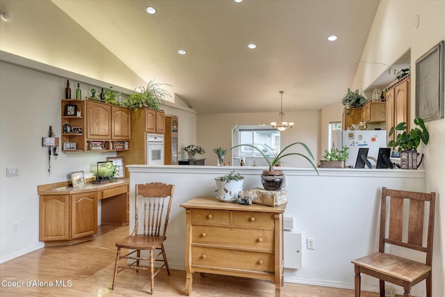 3310 N 17th St, Coeur Dalene, ID 83815 - kitchen featuring white appliances, recessed lighting, light wood-type flooring, a chandelier, and lofted ceiling