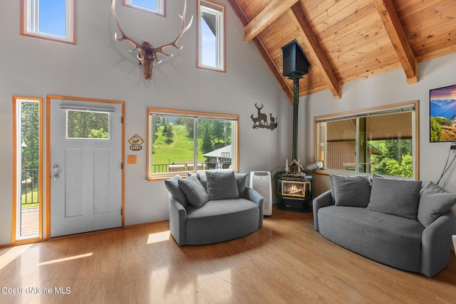 14105 E Marie Creek Rd, Coeur Dalene, ID 83814 - living area with a wood stove, high vaulted ceiling, and wood ceiling