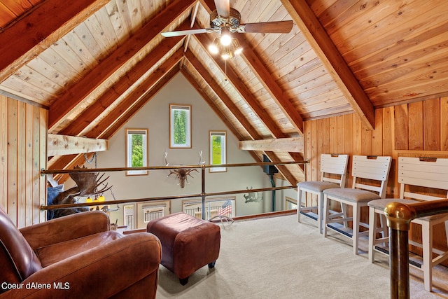 14105 E Marie Creek Rd, Coeur Dalene, ID 83814 - living area featuring wooden ceiling, ceiling fan, and carpet
