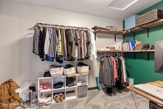 walk in closet featuring carpet floors and attic access
