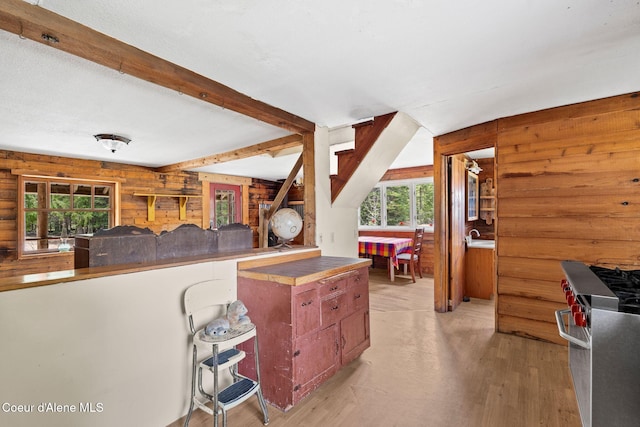 kitchen featuring wood walls, light wood finished floors, and high end stainless steel range