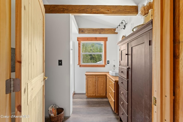 interior space featuring dark wood-style flooring and lofted ceiling