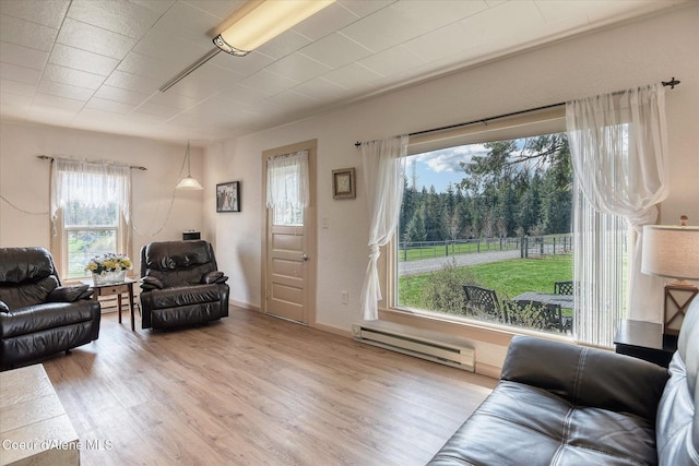 2885 S Folsom Ridge Rd, Coeur Dalene, ID 83814 - living room with baseboard heating, wood finished floors, and a baseboard radiator