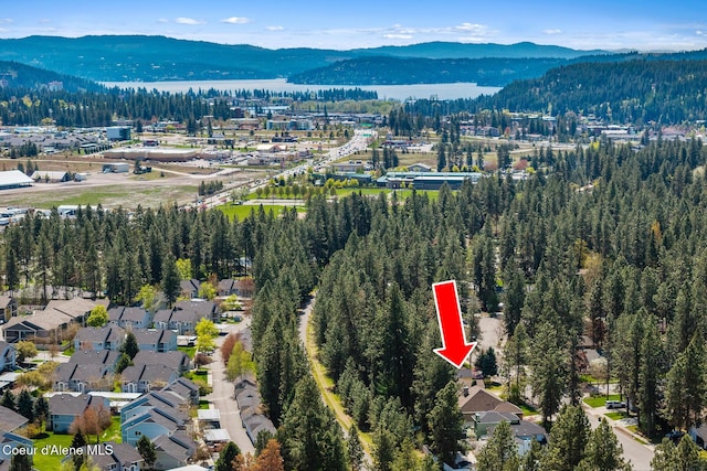 drone / aerial view with a view of trees and a water and mountain view