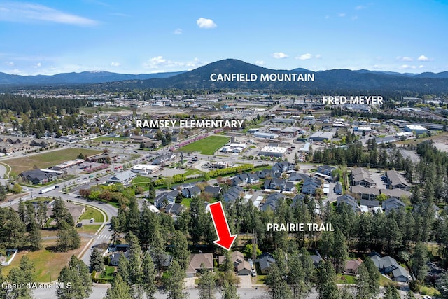 drone / aerial view featuring a mountain view