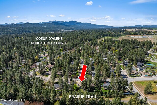 bird's eye view with a mountain view and a wooded view