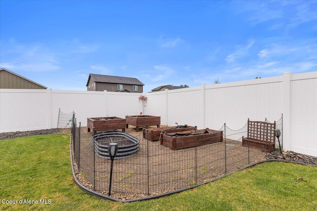 view of patio / terrace with a fenced backyard and a vegetable garden