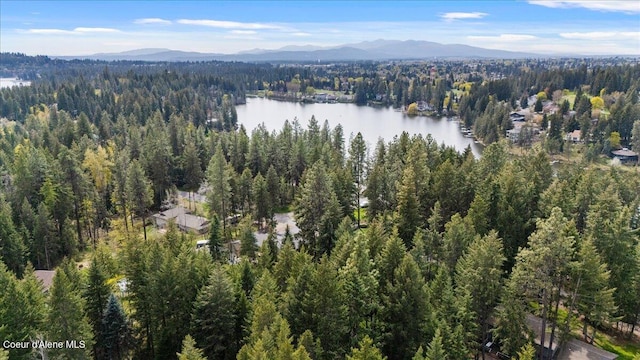 aerial view featuring a wooded view and a water and mountain view