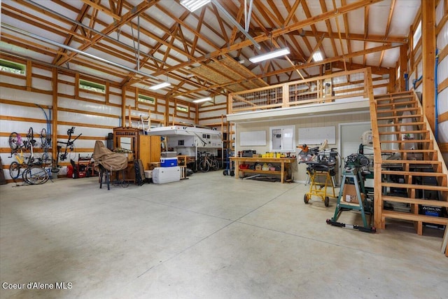 garage with a workshop area