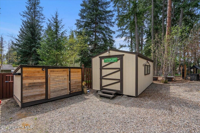 view of shed with a fenced backyard