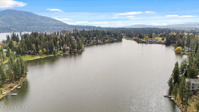 bird's eye view featuring a water and mountain view
