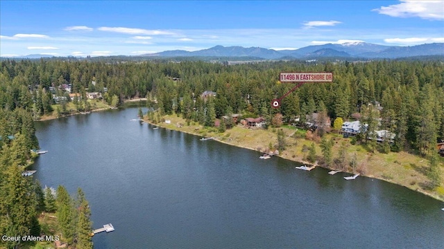 drone / aerial view with a forest view and a water and mountain view