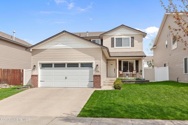 craftsman-style house featuring a porch, concrete driveway, a front lawn, and fence