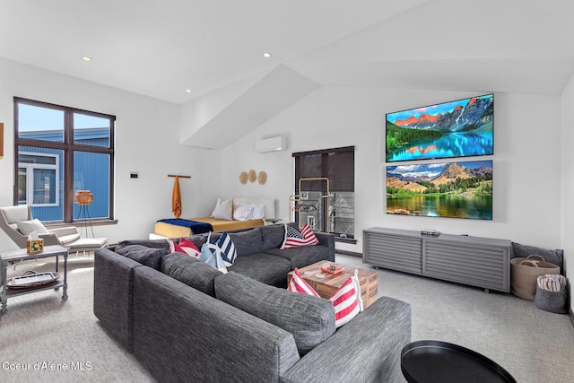 living area with an AC wall unit, carpet, and vaulted ceiling