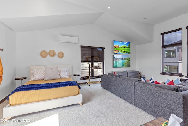 bedroom with carpet flooring, a wall mounted air conditioner, and lofted ceiling