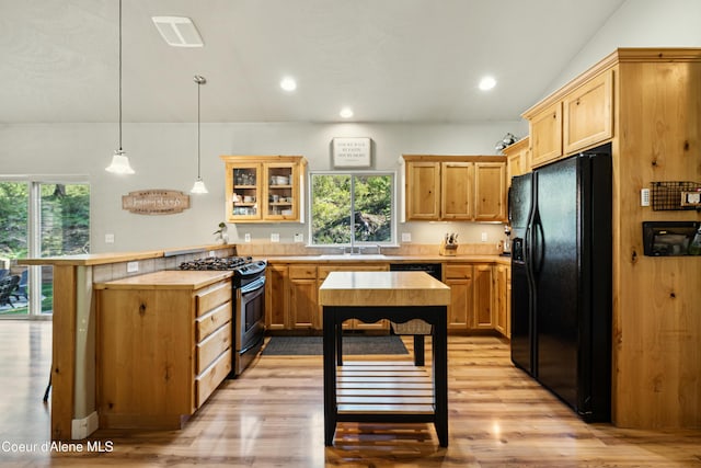 kitchen with a peninsula, gas range, plenty of natural light, and black fridge with ice dispenser