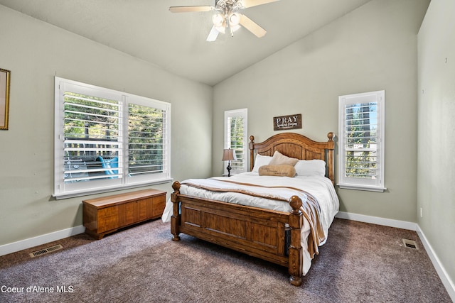 carpeted bedroom featuring baseboards, a ceiling fan, lofted ceiling, and visible vents
